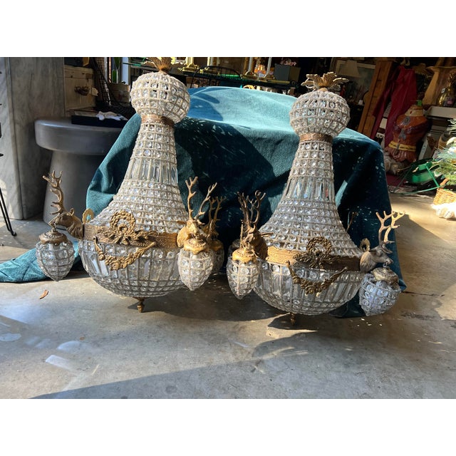 Hollywood Regency Pair of Gold Deer Head Hollywood Regency Chandeliers For Sale - Image 3 of 6