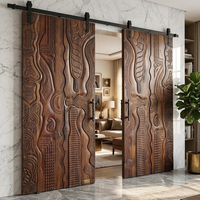 Brown Vintage Tribal Hand-Carved Barn Door | Brown Wooden Sliding Door Panel | Rustic Boho 80 For Sale - Image 8 of 8