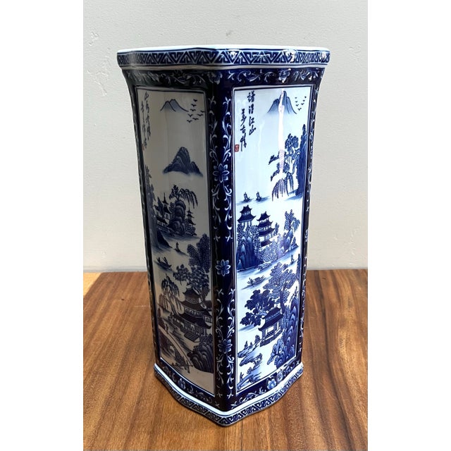 Rare size! Stunning large square blue and white ceramic vase with classic design 18 x 7 x7 “ 1” top rim Excellent...