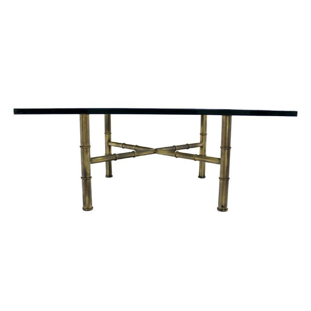 Vintage Mid Century X Base Brass Faux Bamboo Square Glass Top