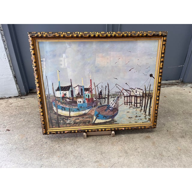 1960s Jacques Bouyssou Signed French Harbor Painting “Le Port Du Bec” – Original Framed Maritime Artwork For Sale - Image 4 of 12