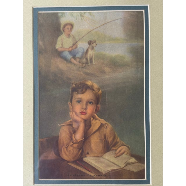 Vintage “Daydreams of Summer” Framed Lithograph – Mid-Century Child Portrait in Teal & Gilt Frame For Sale - Image 4 of 7