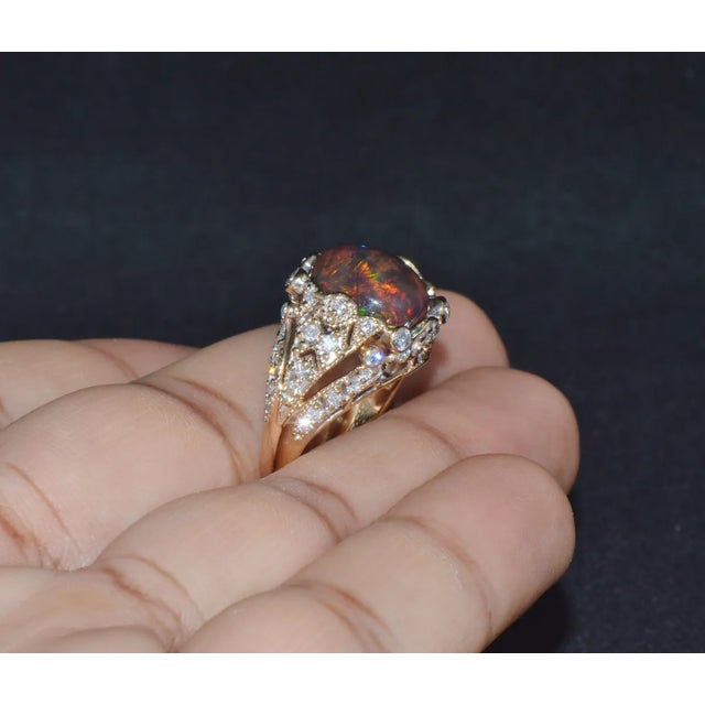 Certified Natural 2.75Cts VS F Diamond Black Opal 18K Solid Gold Bombay Dome Ring, size 6.5 For Sale - Image 10 of 12