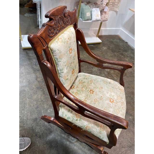 Art Nouveau Late 19th Century Mahogany Art Nouveau Rocking Chair With Floral Upholstery For Sale - Image 3 of 5