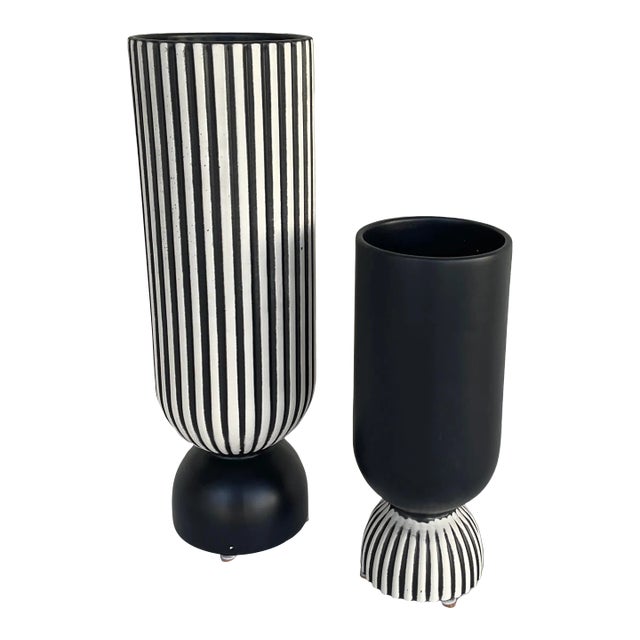 Revelation Modern Black and White Chiseled Vases Set of 2 For Sale