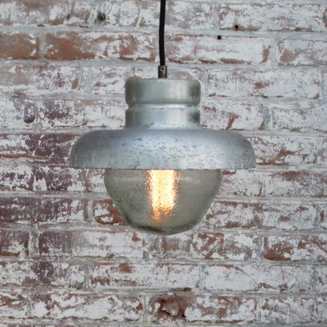 Vintage Industrial Grey Metal &andFrosted Glass Pendant Lamp For Sale - Image 4 of 6