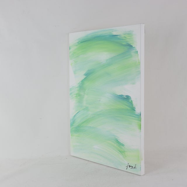This original modern artwork features a serene, rhythmic composition of broad, sweeping brushstrokes in a vibrant palette...