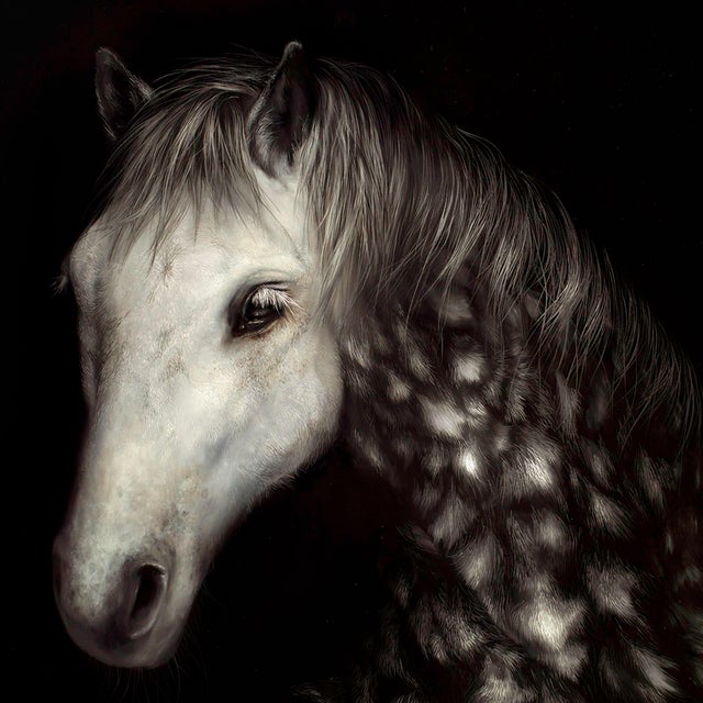 This oil on panel artwork presents a striking depiction of a horse, its textured mane flowing with intricate detail...