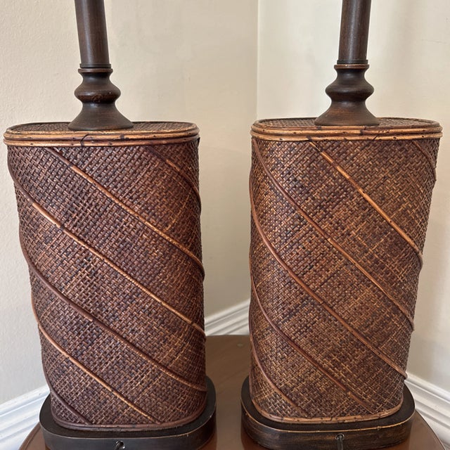 Brown Mid-Century Bamboo & Rattan Table Lamps, 1960s, Set of 2 For Sale - Image 8 of 11