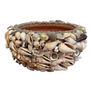 Vintage Shell Encrusted Terra Cotta Planter Pot For Sale
