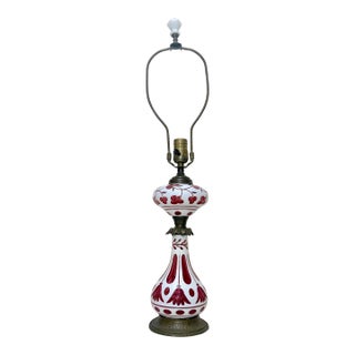 Antique 1800's Cut to Clear Cranberry Glass Stourbridge Bronze Oil Table Lamp For Sale