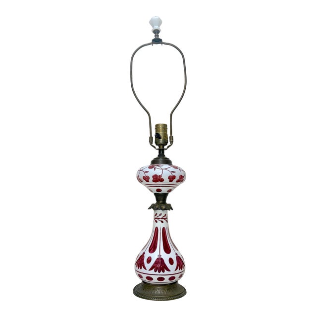 Antique 1800's Cut to Clear Cranberry Glass Stourbridge Bronze Oil Table Lamp For Sale
