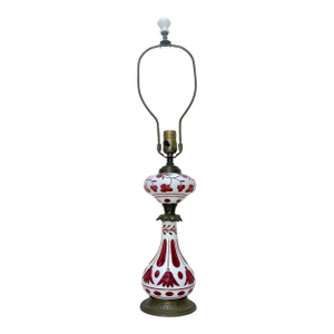 Antique 1800's Cut to Clear Cranberry Glass Stourbridge Bronze Oil Table Lamp