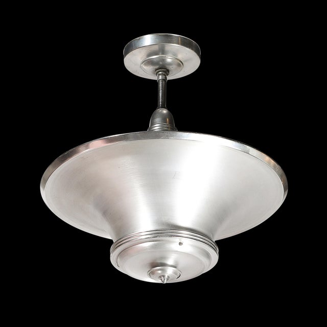 1930s Art Deco Machine Age Brushed Aluminum Pendant Chandelier Signed Edwin Guff For Sale - Image 4 of 14