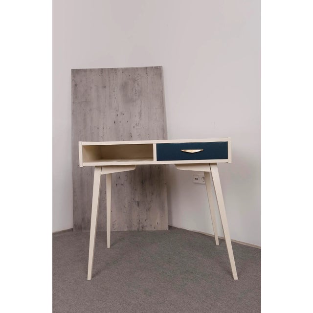 Hungarian Mid-Century Modern Writing Table or Desk or console, painted dark blue and beige.