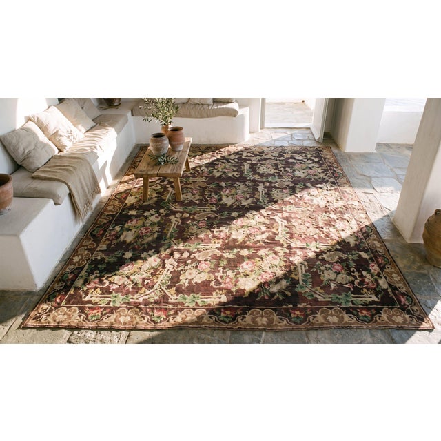 Burgundy Astonishing Brown Ground in Cute Folk Art Style Antique European Needlepoint Rug For Sale - Image 8 of 9