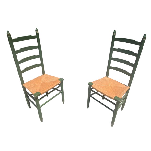 Vintage Rustic Farmhouse Green Ladderback Chairs With Rush Seats- A Pair For Sale - Image 14 of 15