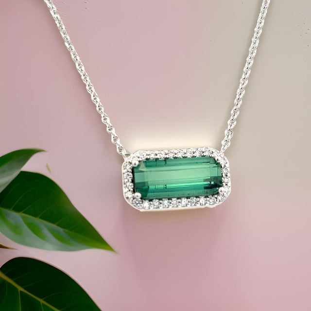 Natural Tourmaline Diamond Pendant Necklace 18" 14k W Gold 3.51 TCW Certified For Sale - Image 4 of 10