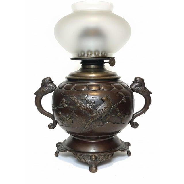 Antique Patinated Bronze Oil Lamp Kerosene Meiji Style Etched Glass Globe Eagle For Sale - Image 12 of 12