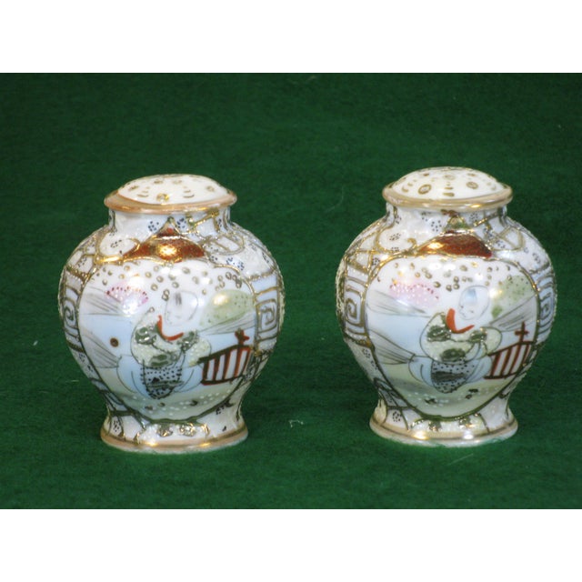 Antique Salt & Pepper Shakers Satsuma Porcelain Gold Beaded Very Ornate For Sale - Image 6 of 12