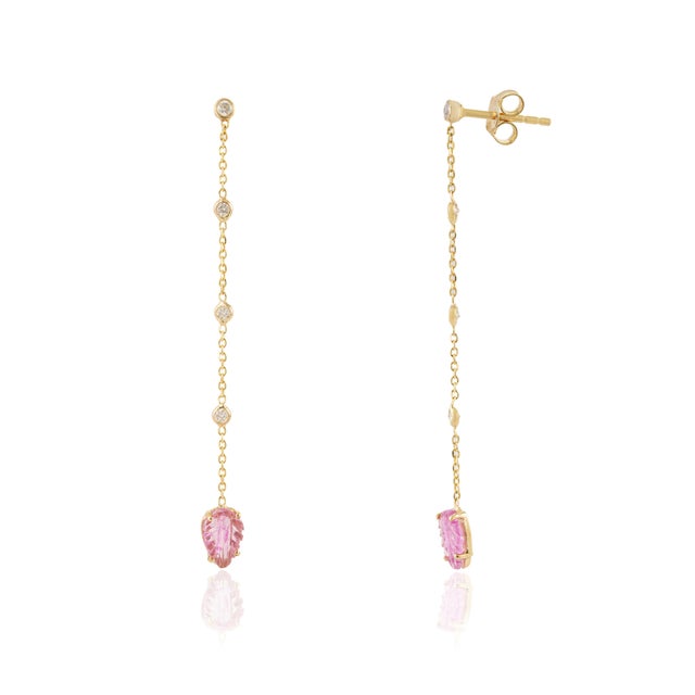 Carved Leaf Pink Tourmaline & Diamond Chain Drop Earrings in 14k Yellow Gold- A Pair For Sale - Image 4 of 12
