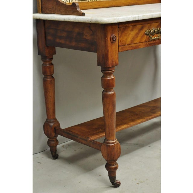 Brown Antique Victorian Walnut Marble Top Washstand Good Luck Swastika Tile Backsplash For Sale - Image 8 of 18