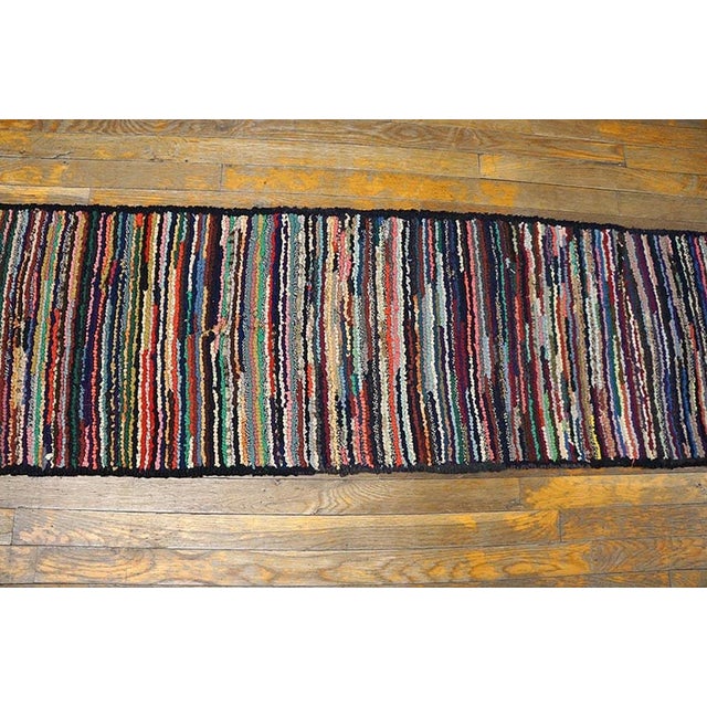 Early 20th Century 1930s Multicolor Abstract Stripe Antique American Hooked Rug 1'8" X 12'6" Handknotted Wool Carpet For Sale - Image 5 of 5