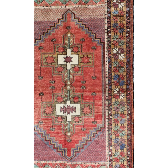 Tribal Mid 20th Century Vintage Turkish Oushak Rug With Tribal Medallion in Red Green Yellow & Purple For Sale - Image 3 of 7