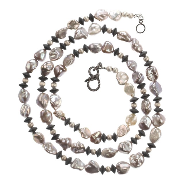 Long and Silvery Pearls and Black Onyx Necklace For Sale