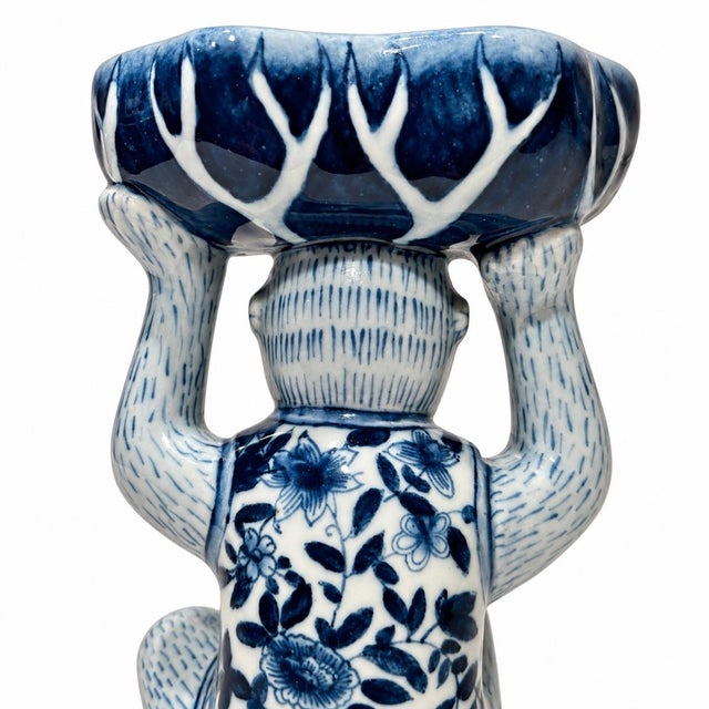 Vintage Blue White Floral Chinoiserie Monkey Bowl For Sale - Image 4 of 7