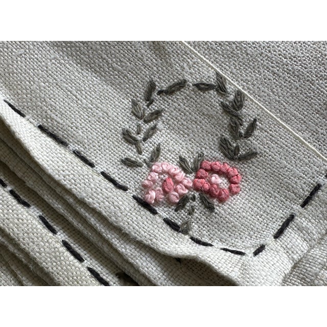 Vintage Handmade Linen Cocktail Napkins With Floral Hand Embroidery Detail Set of 4 For Sale - Image 4 of 12