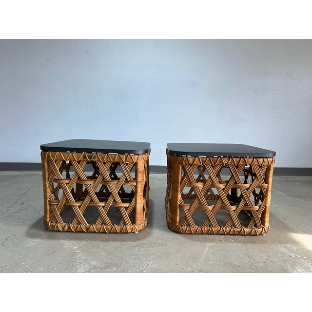 Mid-Century Modern 1970s Danny Ho Fong for Tropi-Cal Basket Weave Rattan Side Table Pair For Sale - Image 3 of 12