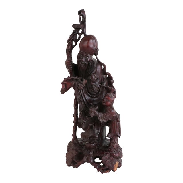 Early 20th Century Shou Lao Chinese Carved Wood Figure For Sale