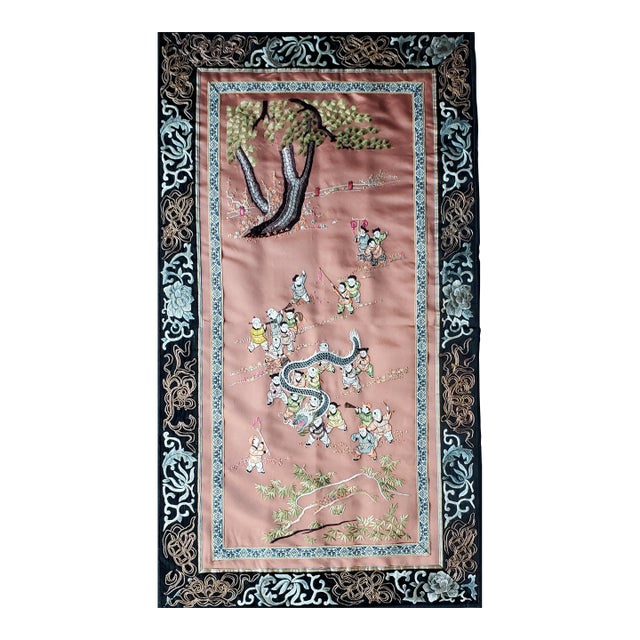 Large Antique Chinese Chinoiserie Silk Embroidered Dragon Panel | Mounted Textile Wall Art For Sale