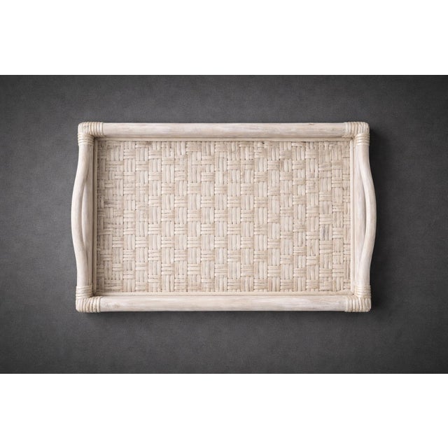Contemporary Vintage Bamboo & Woven Rattan Serving Tray — Coastal Breeze Whitewashed Tray With Handles, 22” X 19” For Sale - Image 3 of 6
