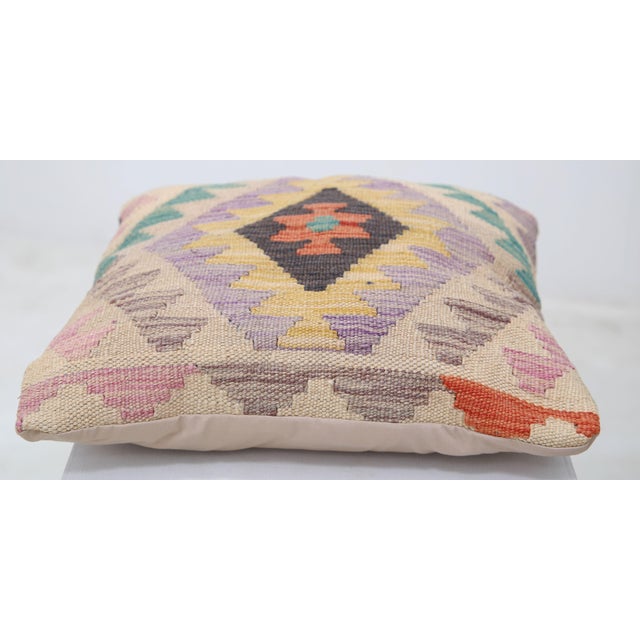 Tribal Arteverk Handwoven Afghan Kilim Pillow — Lilac & Yellow Diamond Medallion For Sale - Image 3 of 3