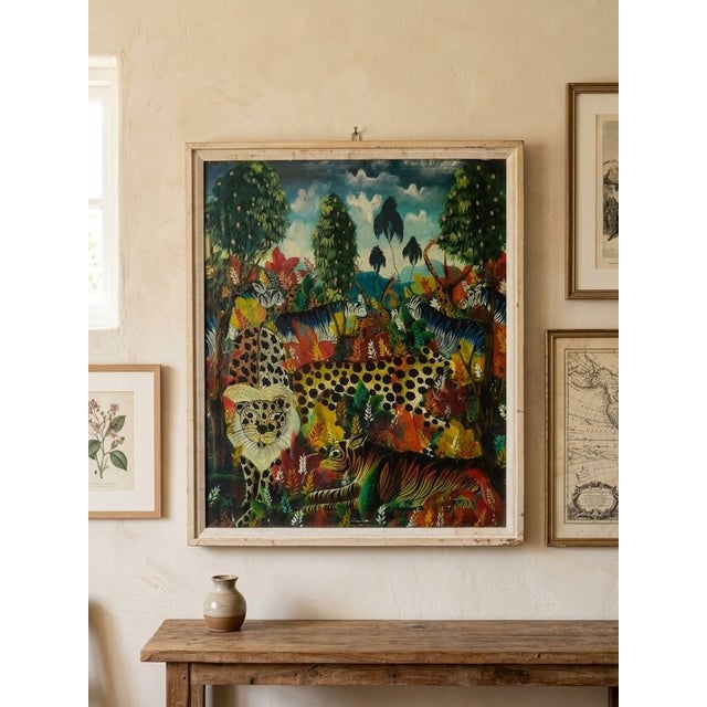 Folk Art Vintage Smith Blanchard Folk Art Jungle Wildlife Framed Painting For Sale - Image 3 of 9