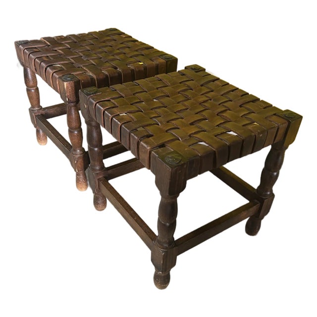 Pair of Vintage Leather Strap Stools For Sale