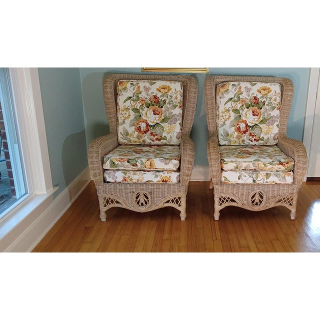 Pristine 1980's Phillippine Ratan & Wicker Wingback Chairs & Ottoman - 3 Piece Set For Sale - Image 9 of 18