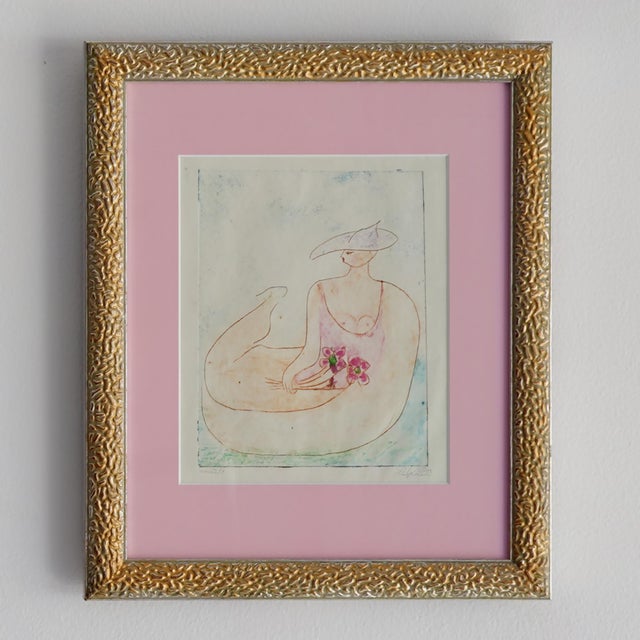 Vintage signed and dated 1983 abstract watercolor and color pencil drawing depicting a semi nude woman with a hat and...