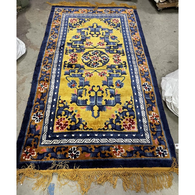 Textile Vintage 1950s Chinese Art Deco Silk Rug, Golden Yellow Field, 4'2" X 7'1" (128cm X 216cm) For Sale - Image 7 of 7
