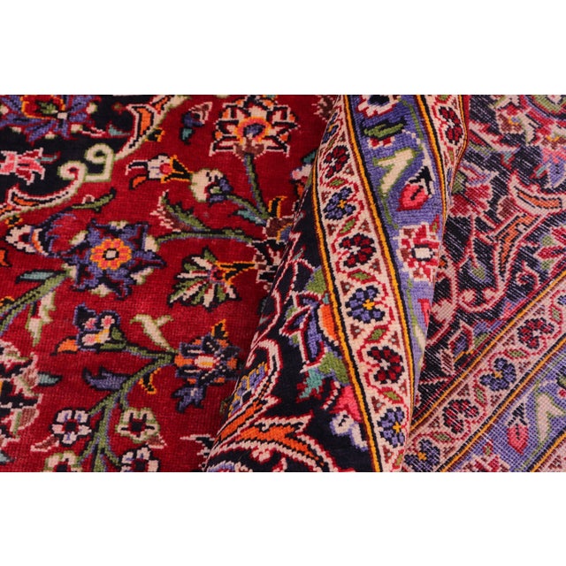 Red Vintage Retro Kashan Red/Blue Wool Rug - 9'9'' X 12'9'' For Sale - Image 8 of 10