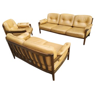Scandinavian Leather Sofas and Lounge Chair, 1970s, Set of 3 For Sale