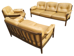 Scandinavian Leather Sofas and Lounge Chair, 1970s, Set of 3