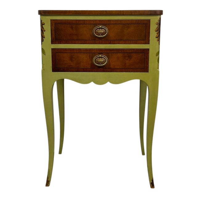 Vintage two-drawer side table by John Widdicomb Co., Grand Rapids, Michigan, as indicated by the original interior label....