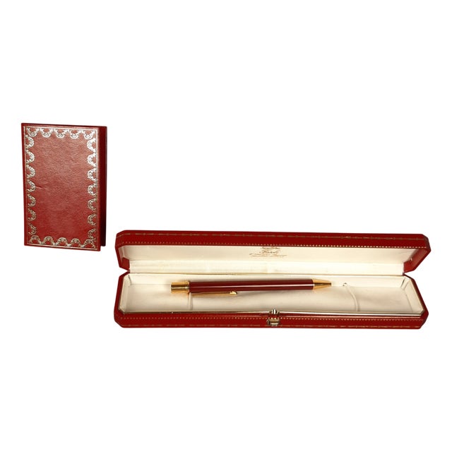 Vintage Bordeaux Gold Ballpoint Pen with Notebook and Box from Cartier, 1980s, Set of 3 For Sale