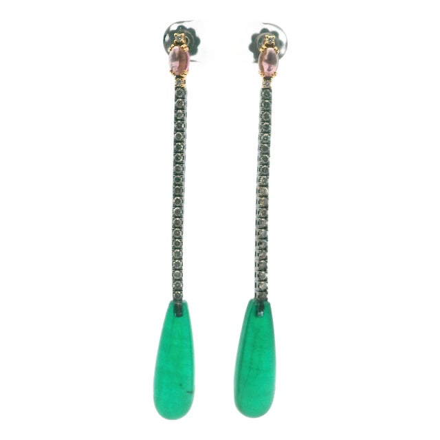 Italian 18k Two-Tone Tourmaline and Diamond Long Drop Earrings, Pair For Sale