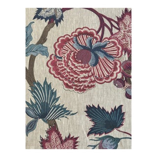 Indienne Jacobean Raspberry and Blue on Natural F936419 by Thibaut Fabric 7 Yards Linen For Sale