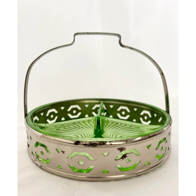 Vintage Green Depression Glass Silver Relish Tray For Sale In Tampa - Image 6 of 8