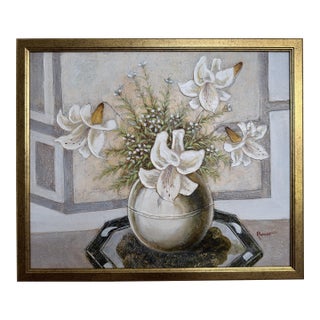 Vintage Ramon Textured Floral Still Life Painting Lilies Framed Canvas Art For Sale